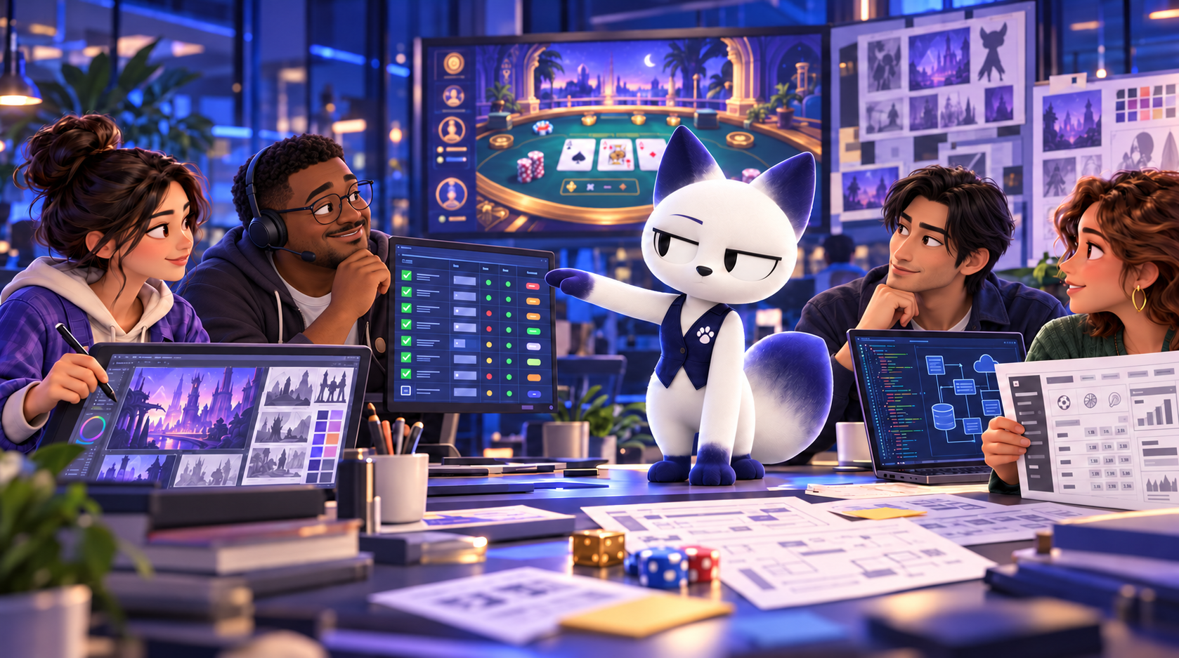 Elena dirige a un equipo de ilustración, pruebas, programación y diseño de juegos de casino en una oficina